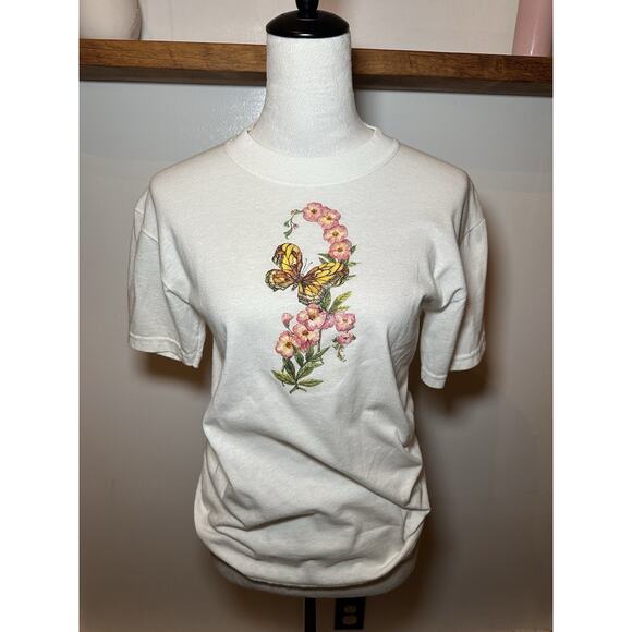 Vintage 90s Y2K Glitter Butterfly Flowers Nature Jerzees Shirt Size Small Pink - Picture 2 of 6
